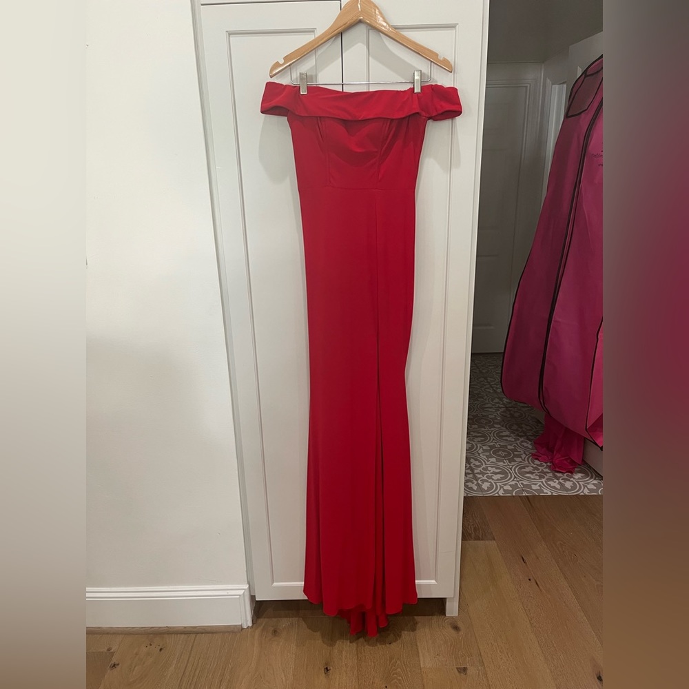 Off the shoulder red Faviana dress with slit
